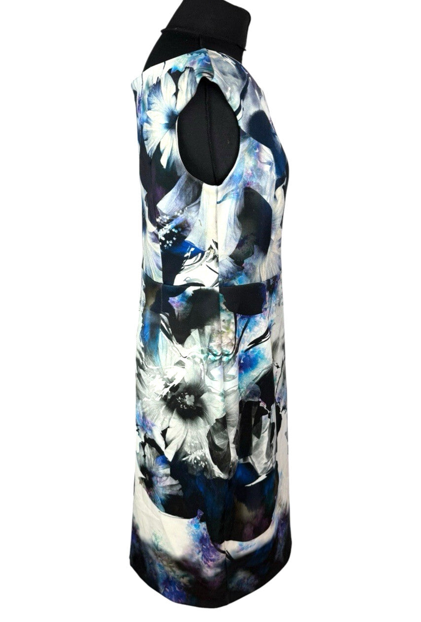 COAST Floral Wiggle Dress UK 16 Blue Black Scuba Bodycon Midi Wedding Guest
