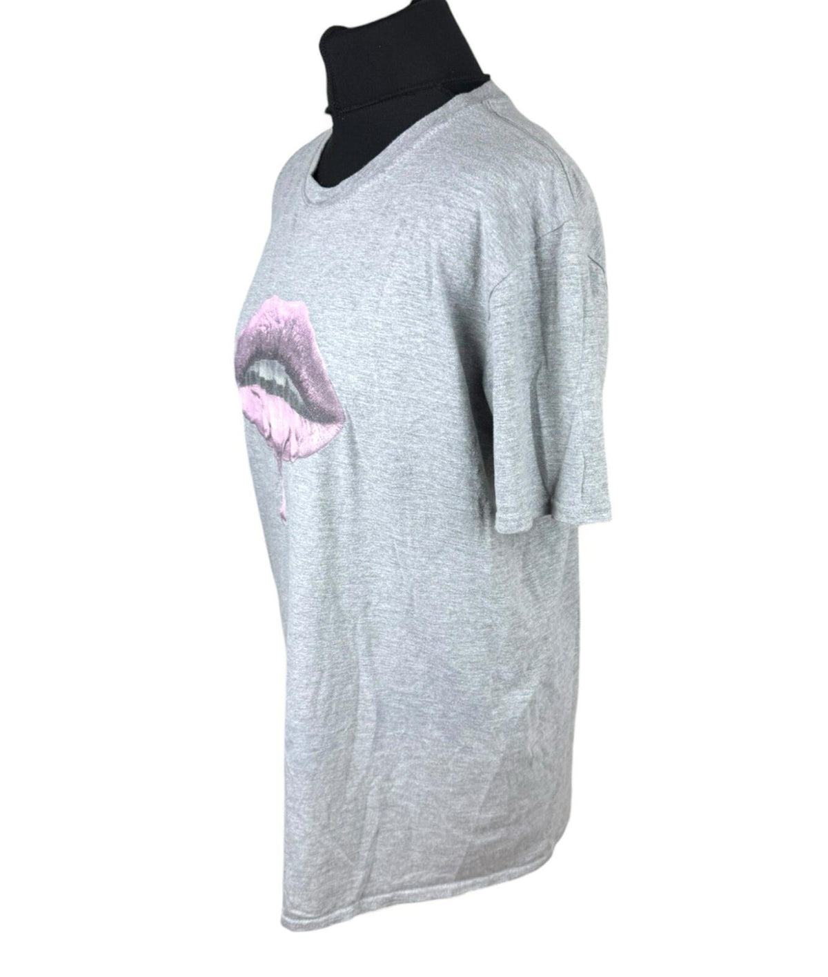 Gildan Pink Glitter Lips T-Shirt Women's UK Size L Grey Jersey Graphic Print Crew Neck