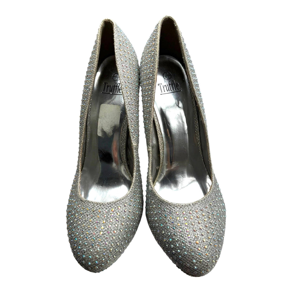 Truffle Silver Rhinestone Shoes Round Toe Stiletto Sparkle Women's UK Size 6