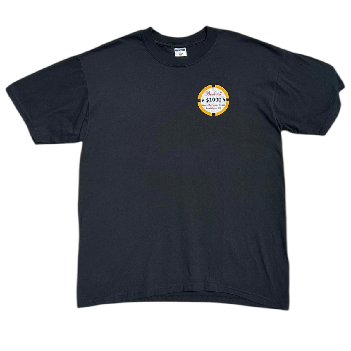JERZEES Black Bucknell Poker T-Shirt Men's UK Size L Black Graphic Print 2005 Short Sleeve
