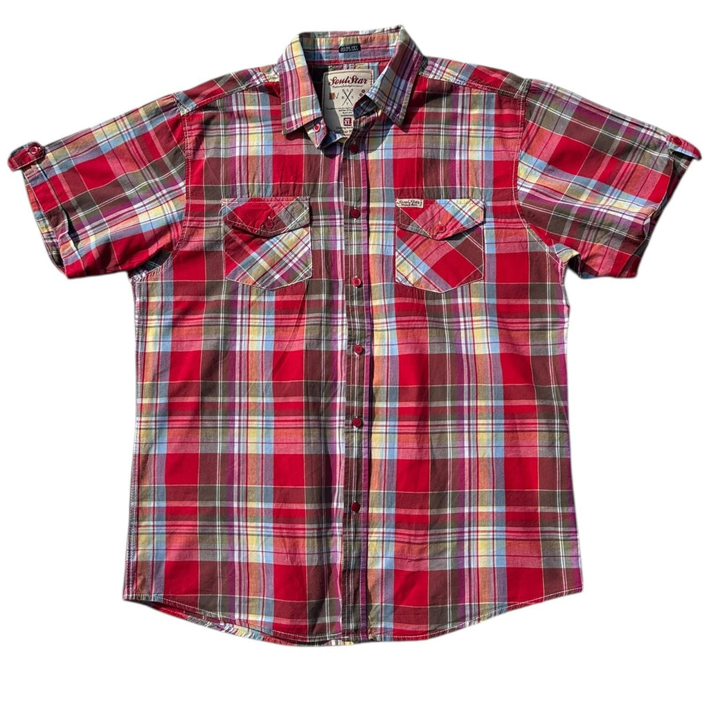SoulStar Shirt Men's UK Size XL Red Check Embroidered Logo 100% Cotton Summer