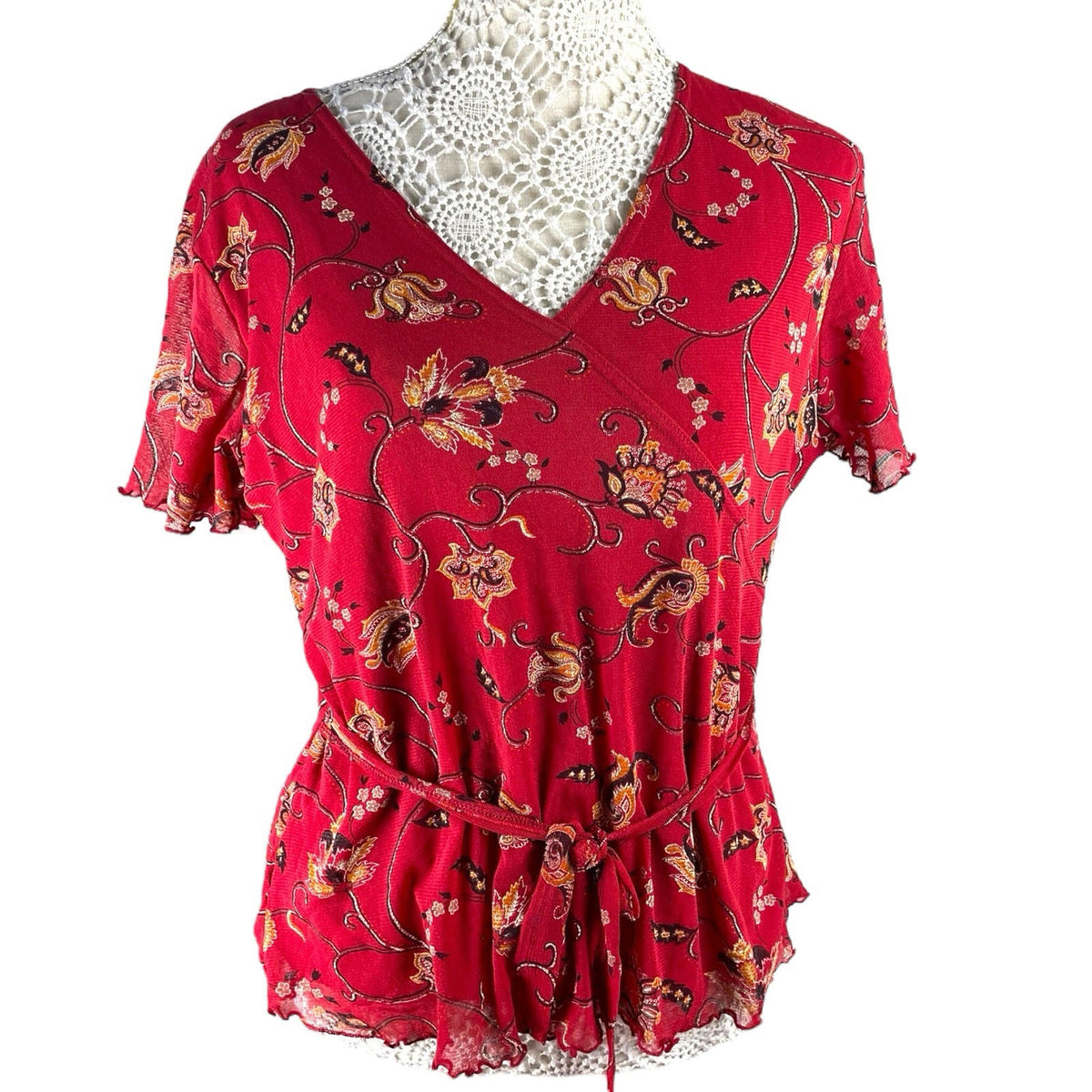 Bonmarche Blouse Red Floral Chiffon Top Women's UK Size M (10-12)