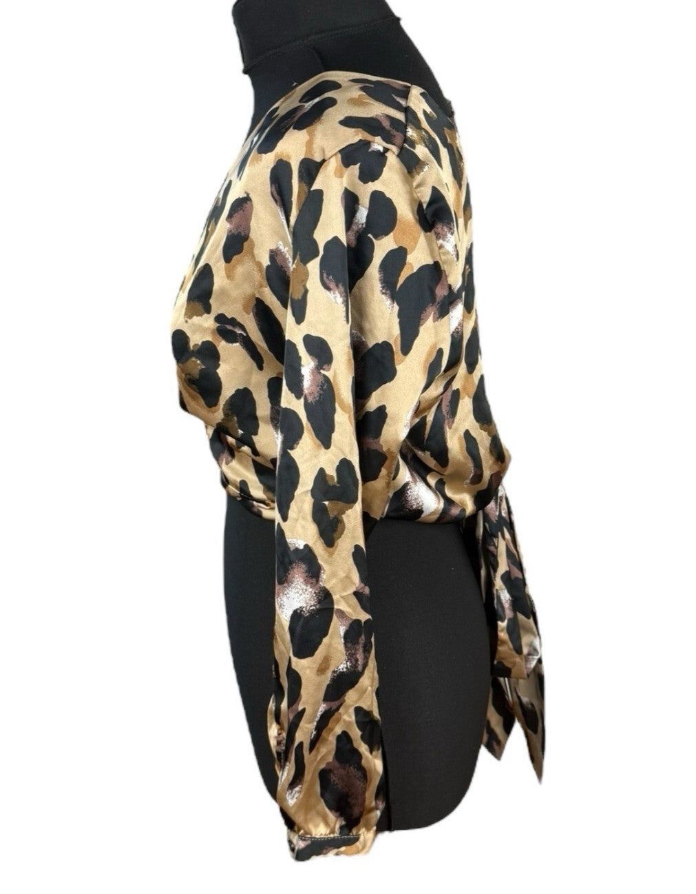 Boohoo Leopard Print Crop Top Women’s UK Size 12 Beige Satin Wrap Front Tie Back