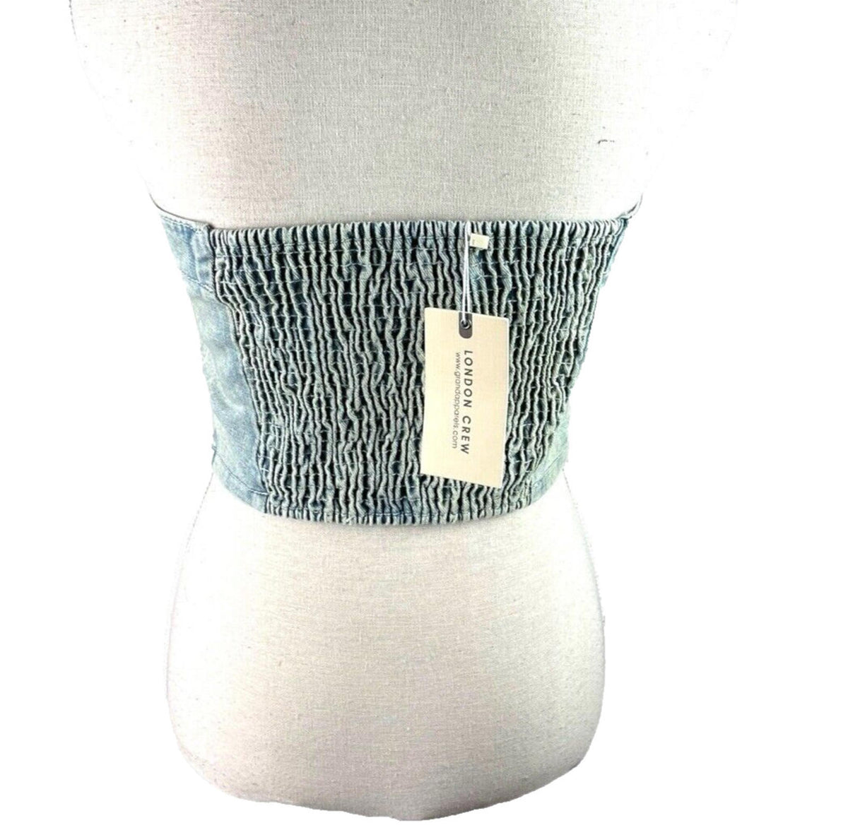London Crew Light Wash Denim Crop Top Women's UK Size 8 Blue Pockets Shirred