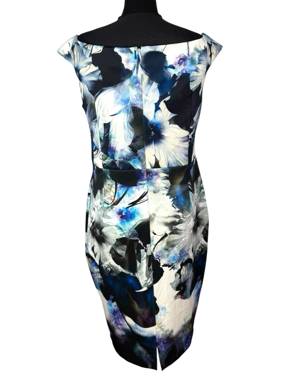 COAST Floral Wiggle Dress UK 16 Blue Black Scuba Bodycon Midi Wedding Guest