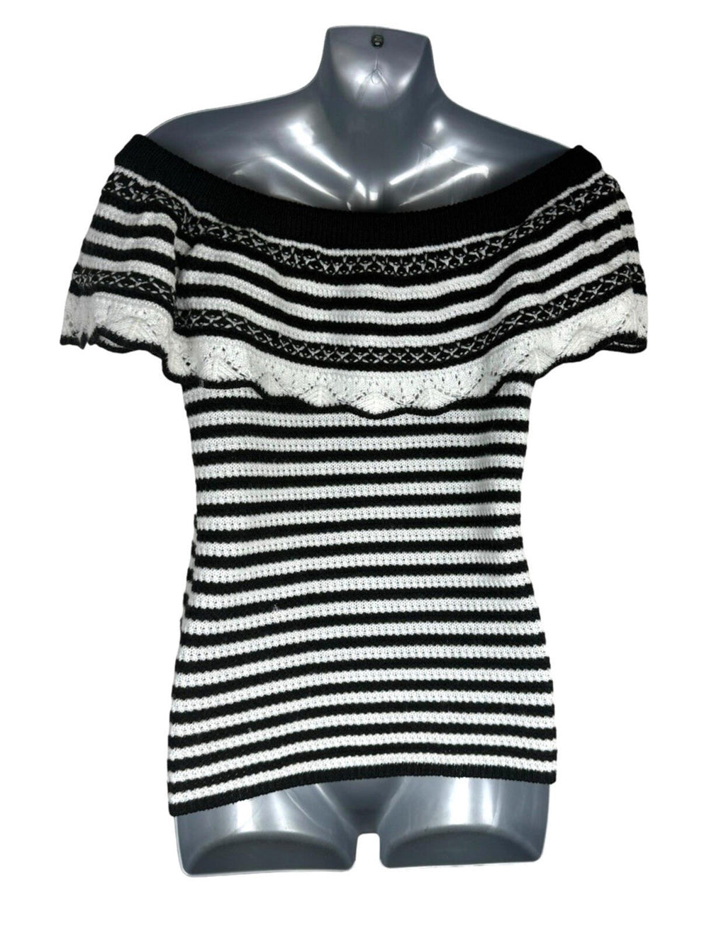 Papaya Off Shoulder Knit Top Women's UK Size 12 Stripe Black White