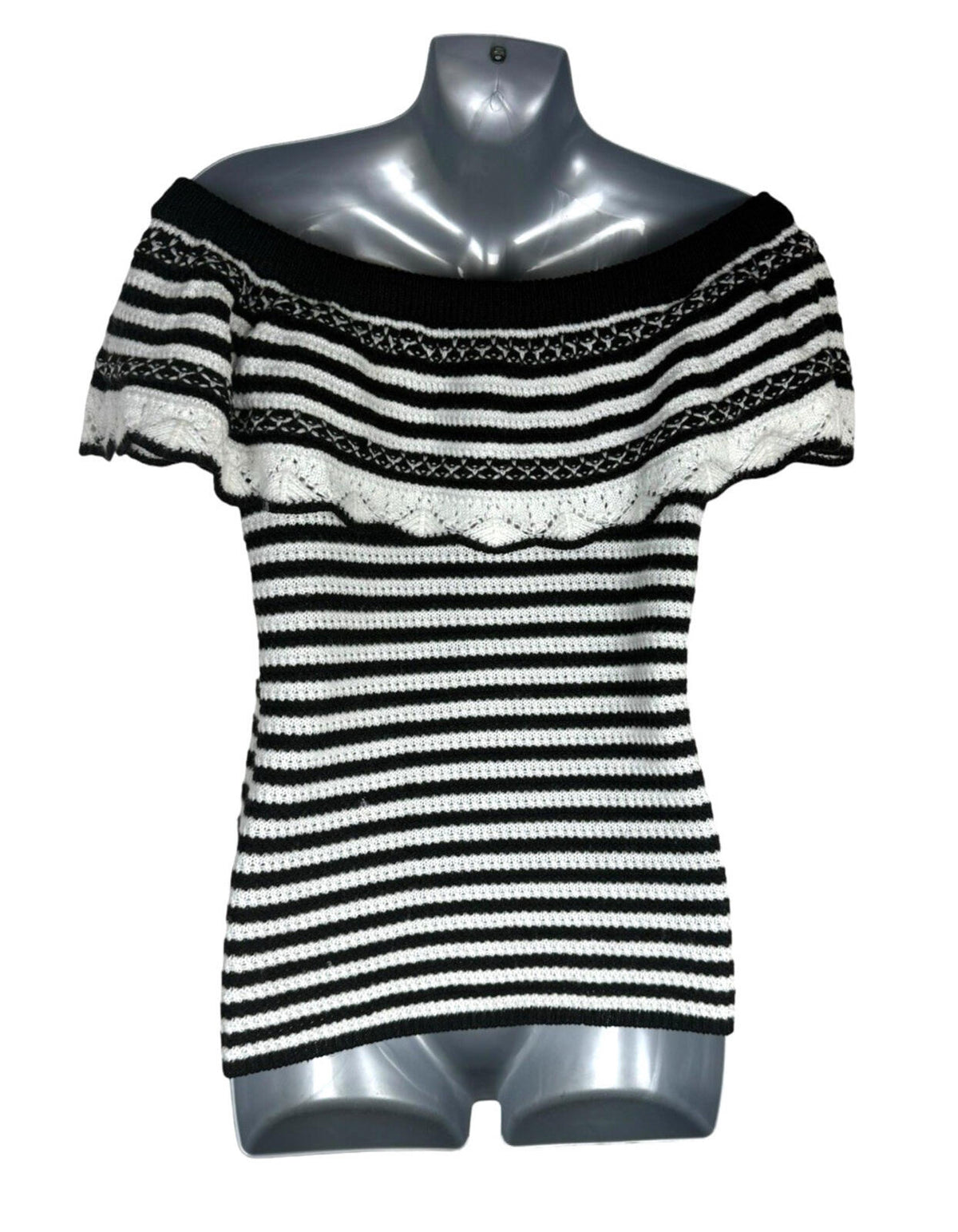 Papaya Off Shoulder Knit Top Women's UK Size 12 Stripe Black White