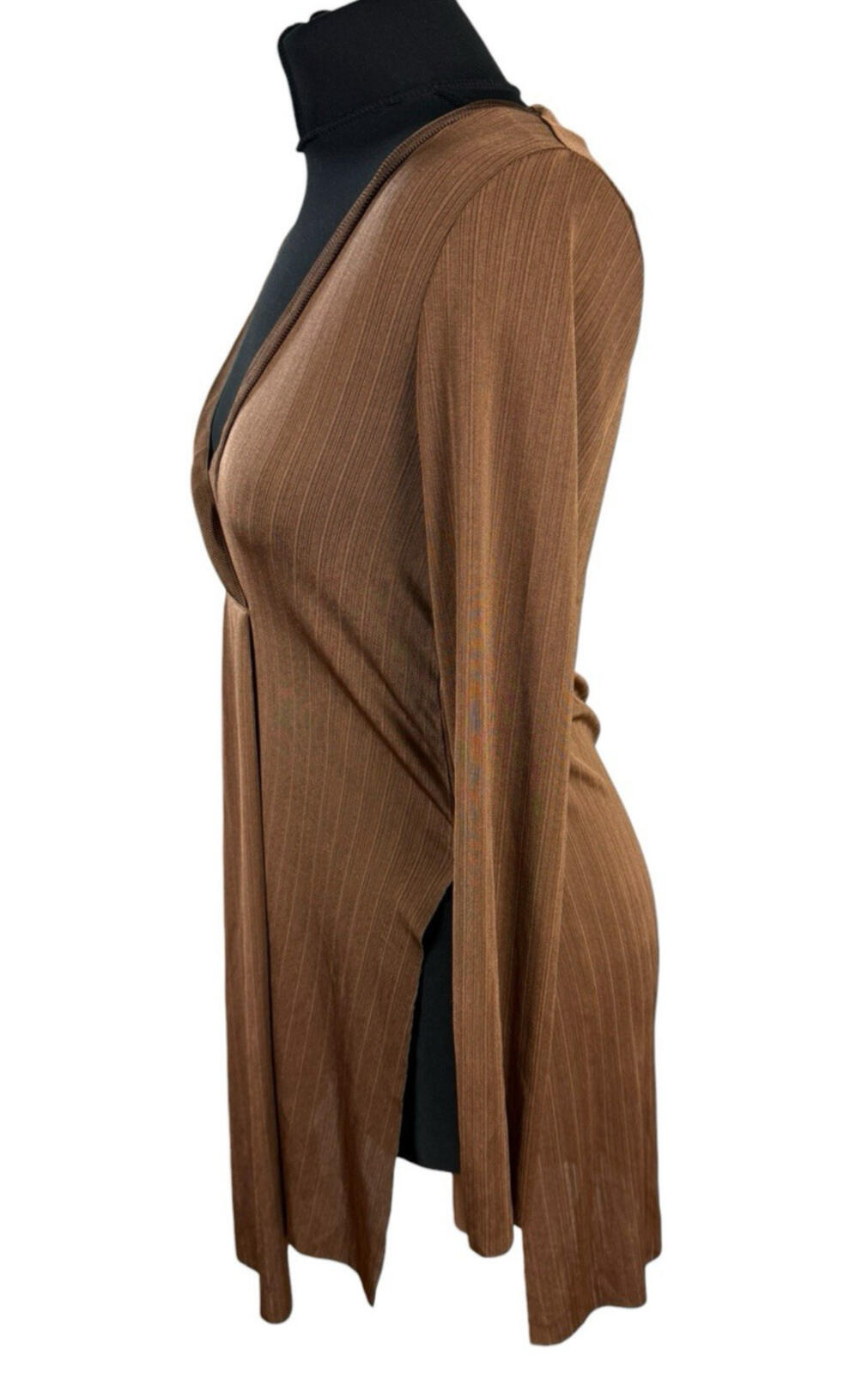 ZARA Brown Zara Long Sleeve Tunic Top Women's UK Size S Side Slit Brown Fine Stripe V-Neck