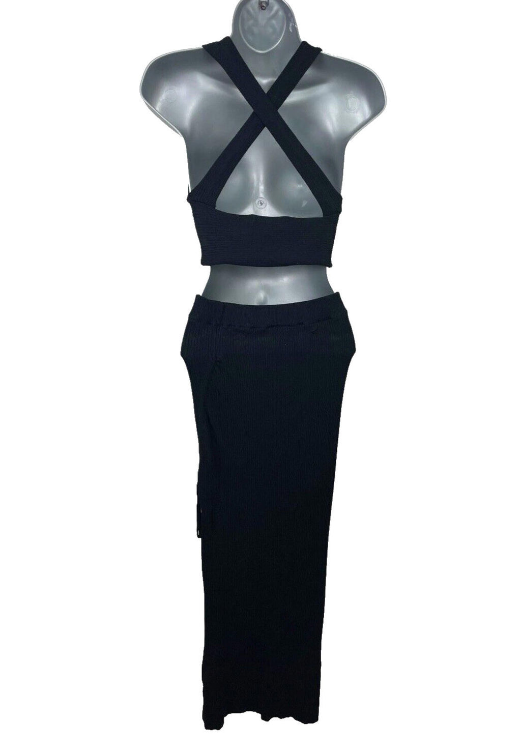 Pull&Bear Black Ribbed Maxi Skirt & Crop Top Co-Ord Set Women's UK Size XS