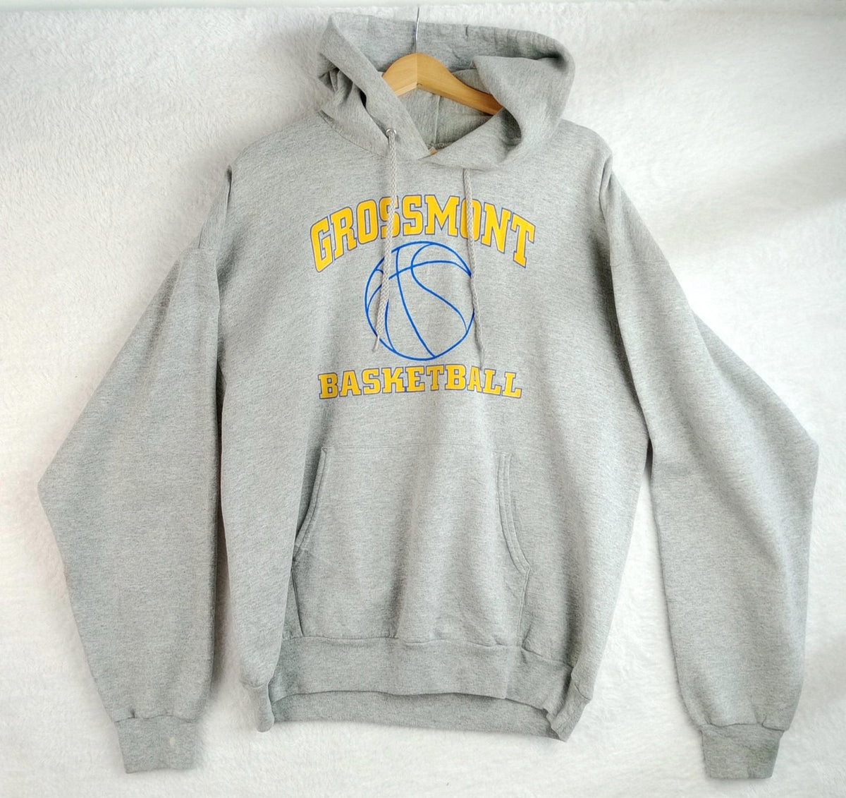 Hanes Gray Grossmont Basketball Hoodie Men's UK Size L Grey Jersey Hooded Pockets Cotton
