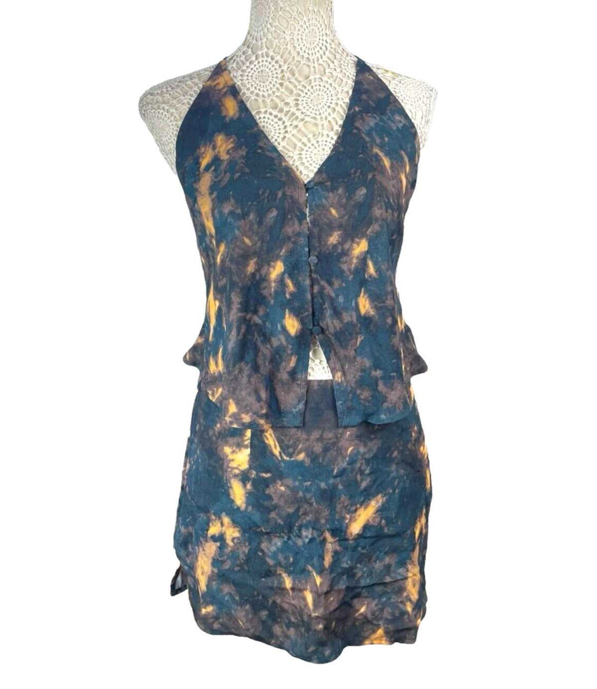 Navy Tie-Dye Mini Skirt & Top Co-Ord Set Women's UK Size 8 Rustic Halterneck Blue