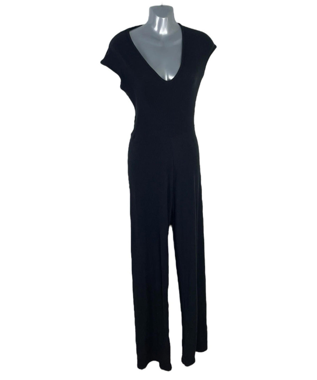 Black Ribbed Jumpsuit Wide Leg Stretch Women’s UK Size 8
