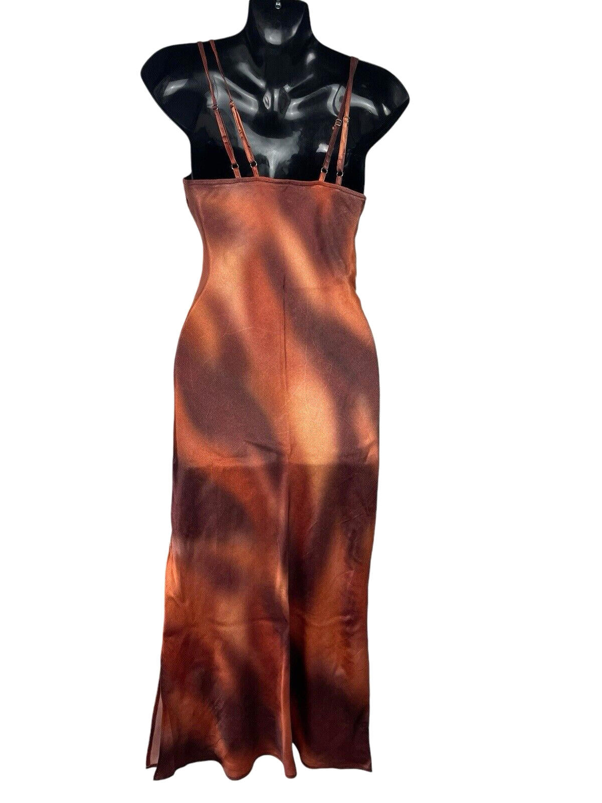 Bershka Burnt Orange Satin Maxi Dress Side Slit Women's UK Size XS