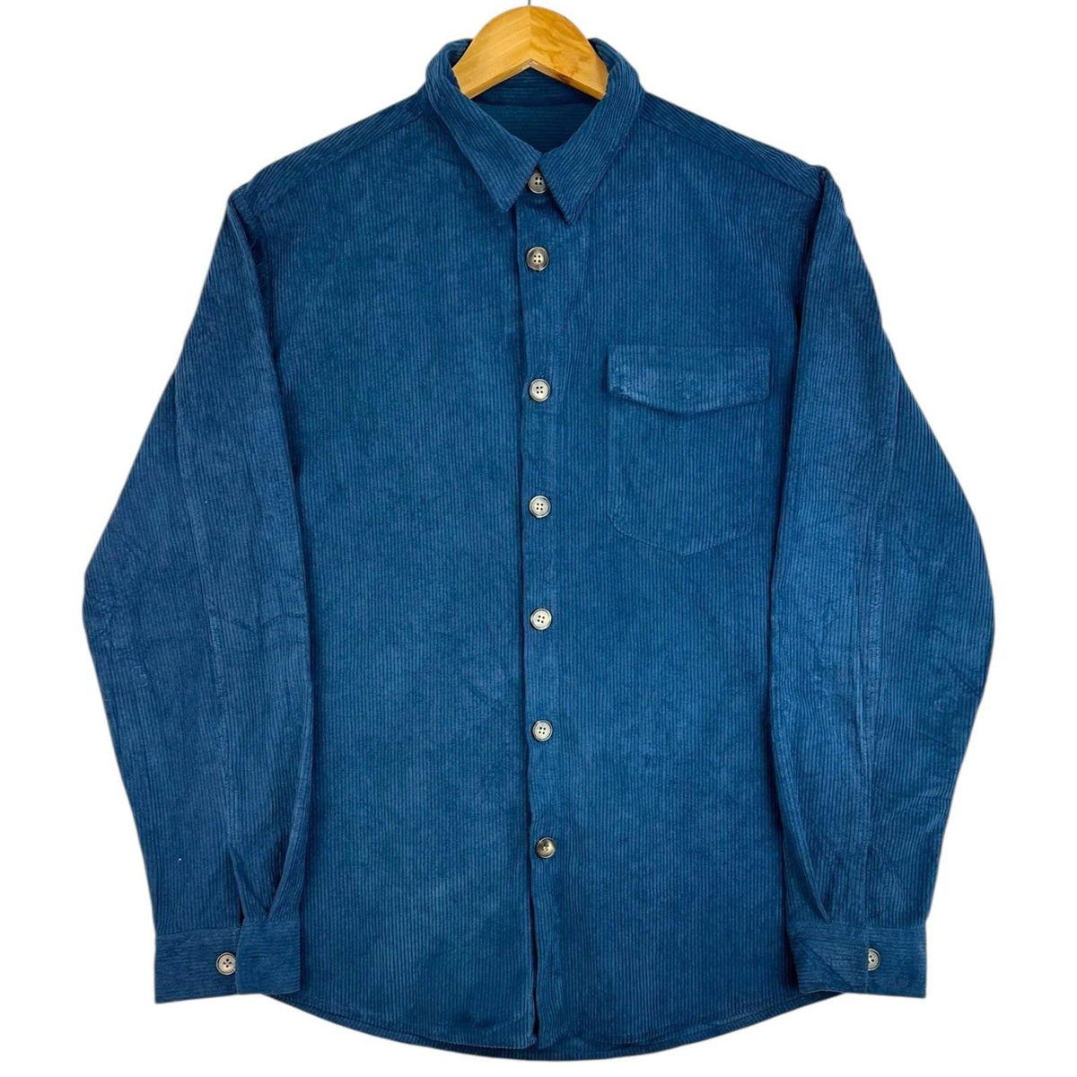 Men's Shirt UK Size M Blue Corduroy Long Sleeve 100% Cotton Pocket Wing Collar