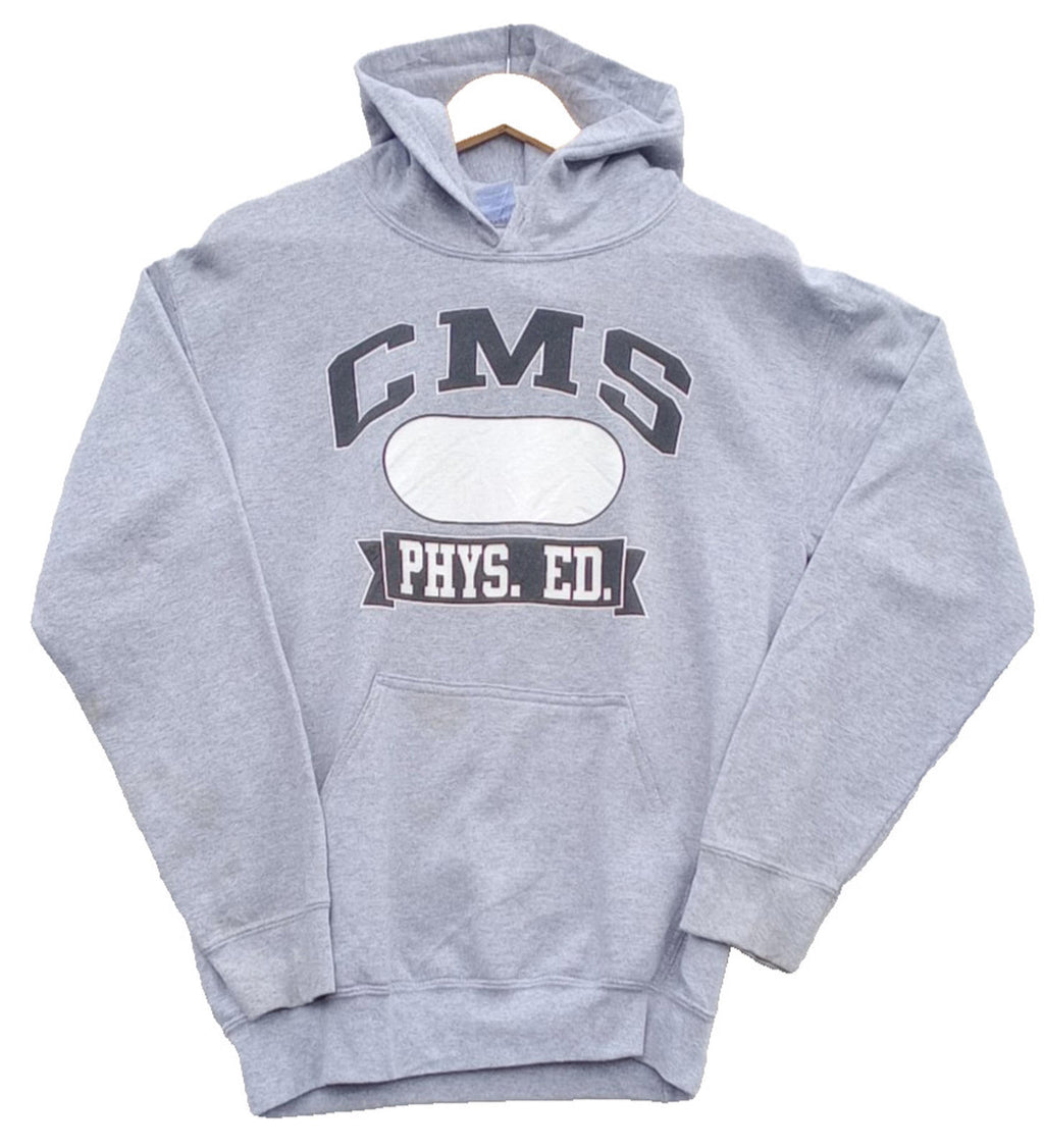 Gildan Gray Grey Graphic Print Jersey Hoodie Men's UK Size S CMS PHYS. ED. Fleece Lined
