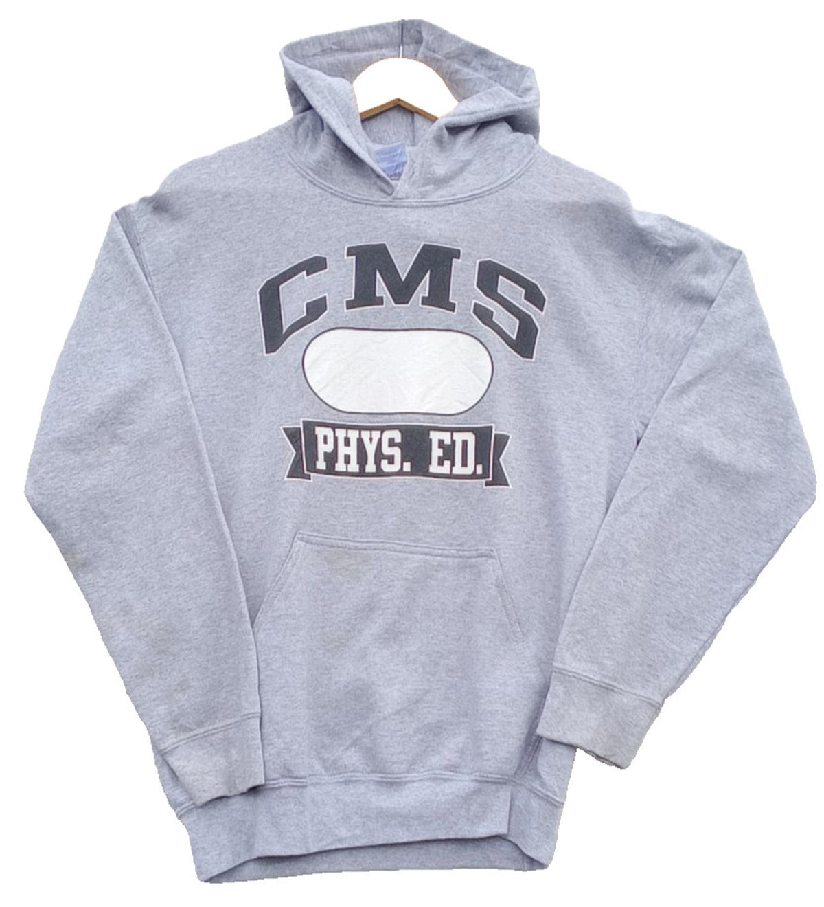 Gildan Gray Grey Graphic Print Jersey Hoodie Men's UK Size S CMS PHYS. ED. Fleece Lined