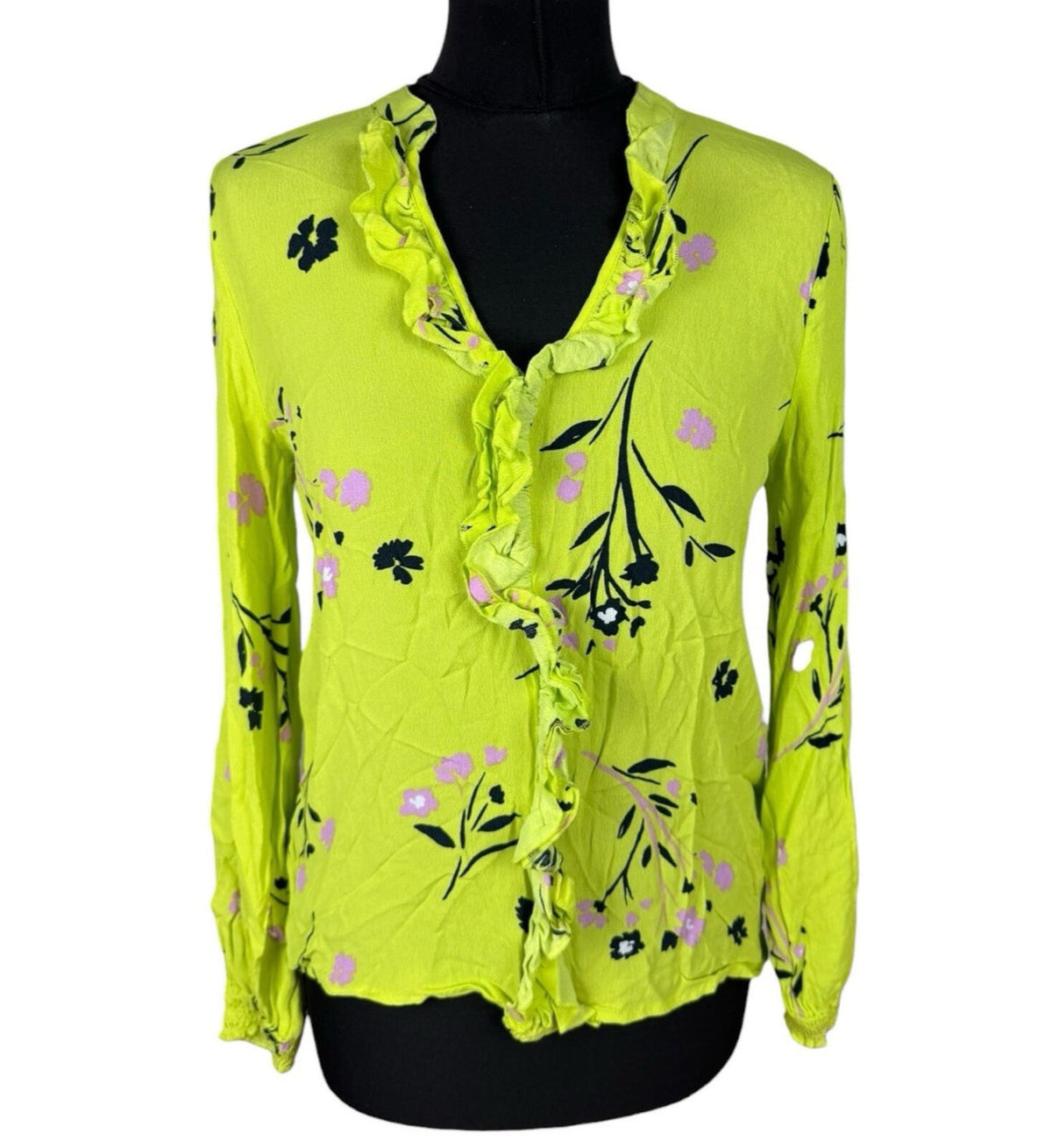 River Island Neon Blouse Women's UK Size 10 Long Sleeve Frill Detail Floral