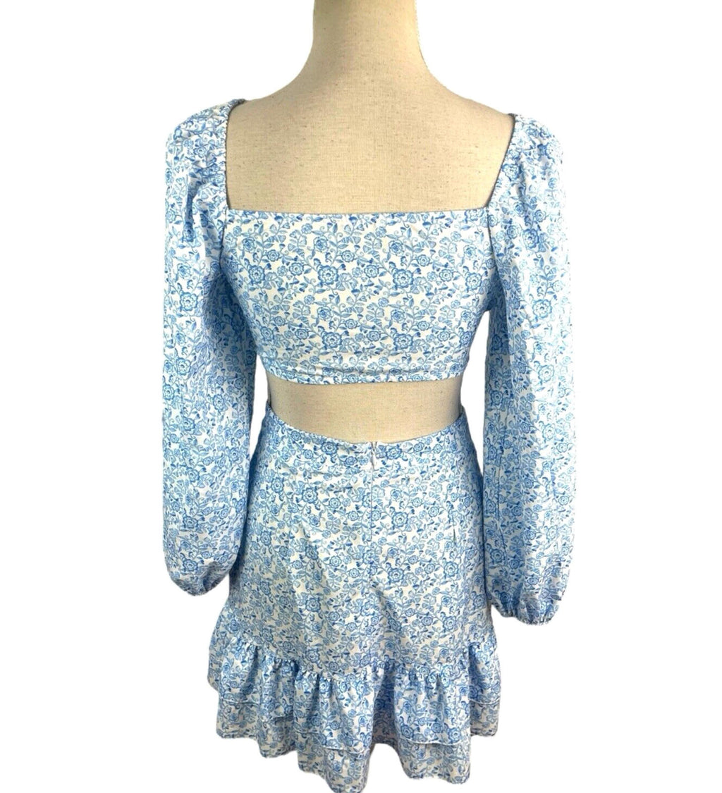 Boohoo Floral Skirt Co-Ord Set High Waist Blue & White Women's UK Size 10