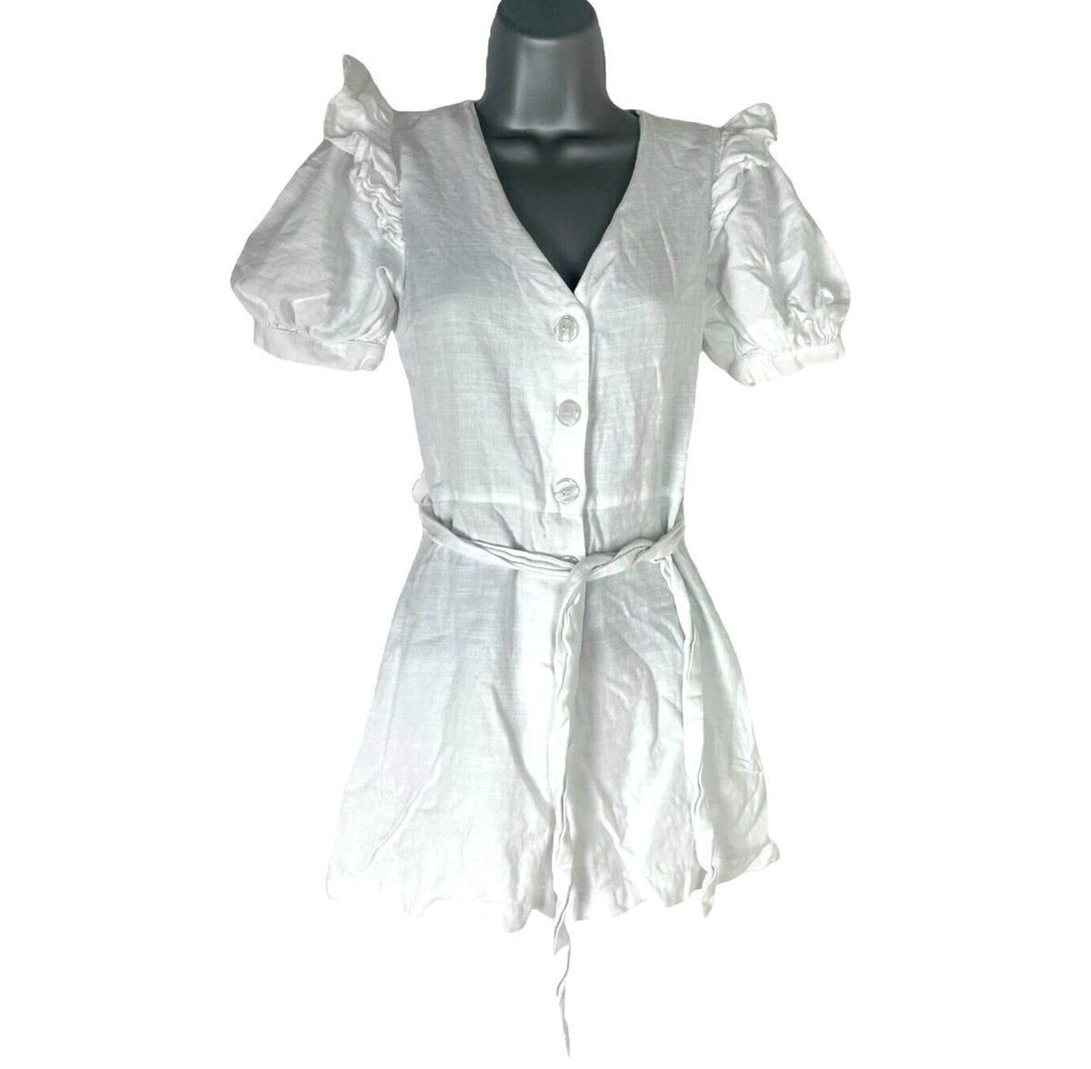 New Look Playsuit White Belted Puff Sleeve 100% Cotton Women's UK Size 6