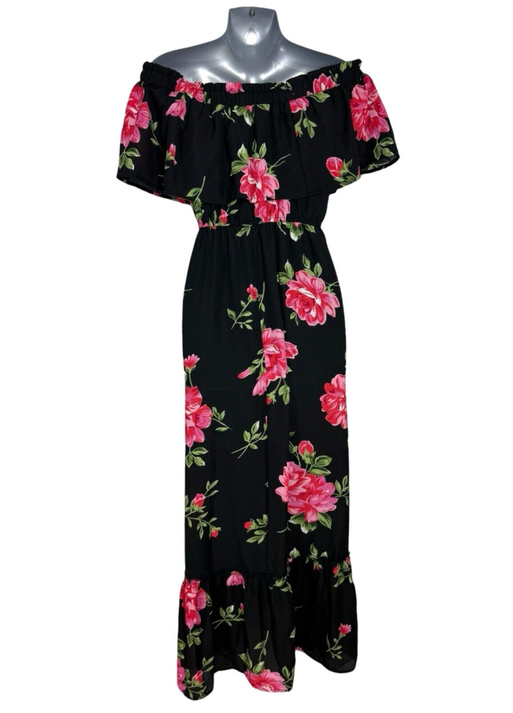 Atmosphere Floral Maxi Dress Women’s UK Size 4 Off Shoulder Black Pink