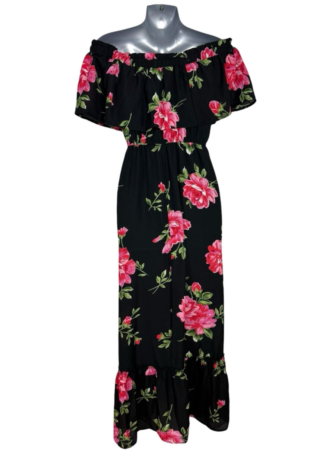 Atmosphere Floral Maxi Dress Women’s UK Size 4 Off Shoulder Black Pink