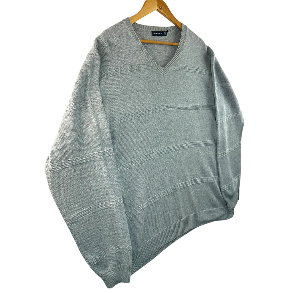 Nautica Gray Nautica Knit Jumper Men's UK Size XL Grey Stripe Long Sleeve 100% Cotton Sweater