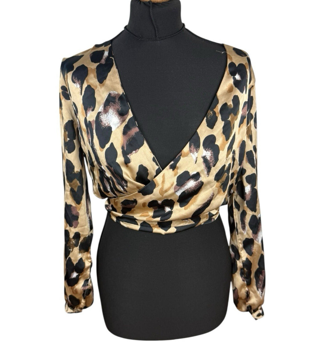 Boohoo Leopard Print Crop Top Women’s UK Size 12 Beige Satin Wrap Front Tie Back