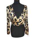 Boohoo Leopard Print Crop Top Women’s UK Size 12 Beige Satin Wrap Front Tie Back