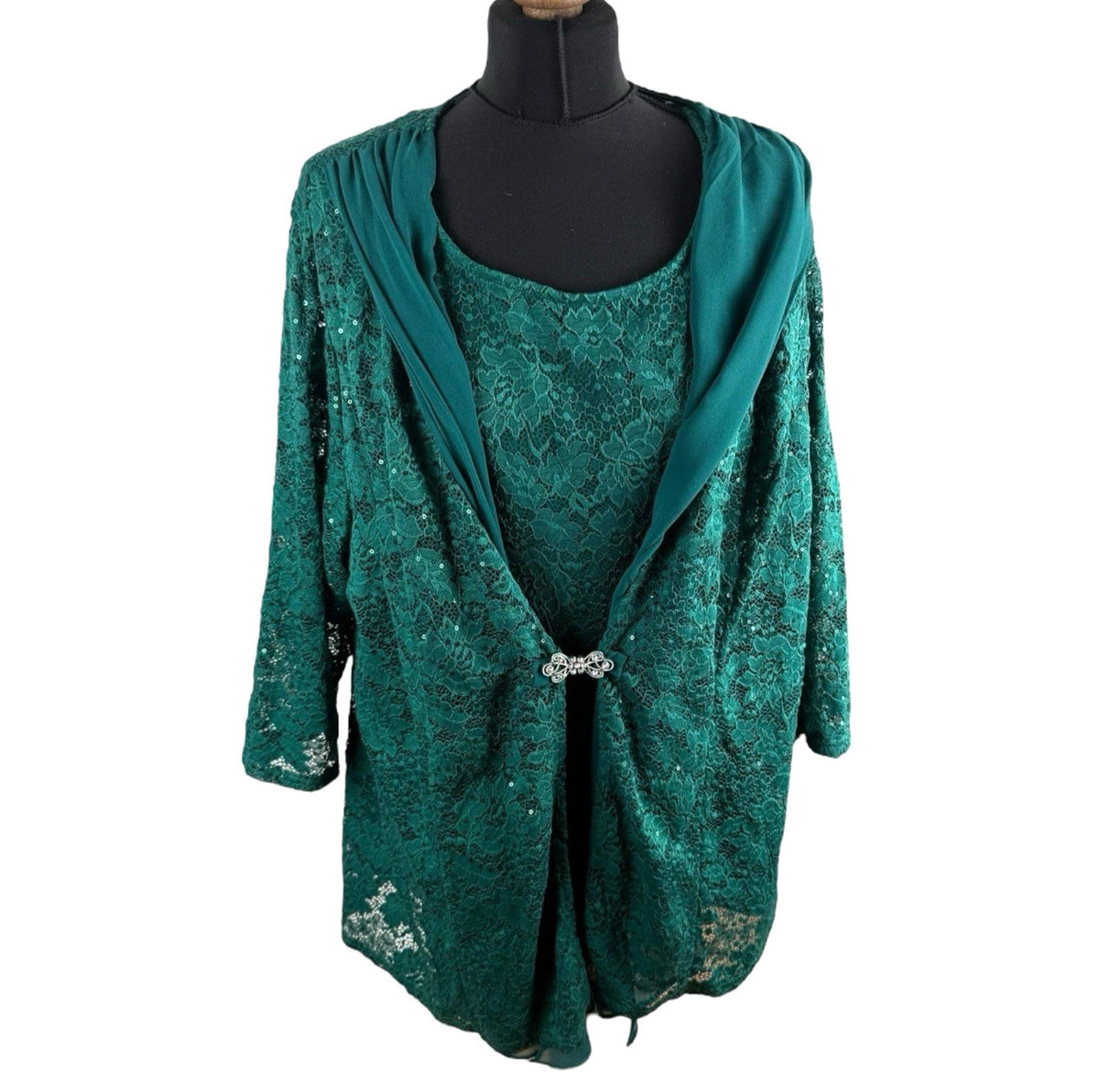 Hanna Nikole Green 2 Piece Blouse Jacket Set Lace Sequin Women's UK Size 22
