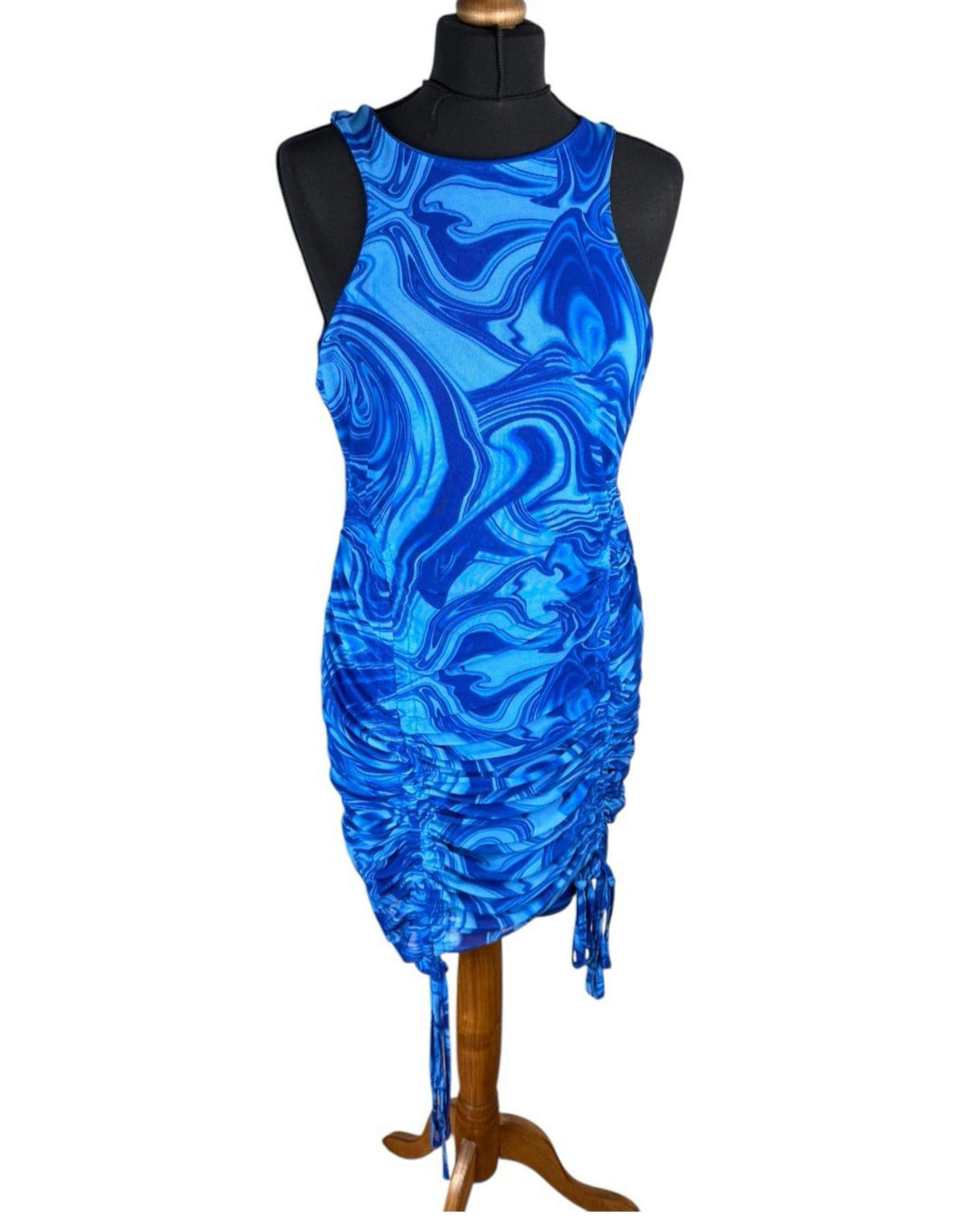 I Saw It First Blue Swirl Print Mini Dress Ruffle Side Women’s UK Size 14
