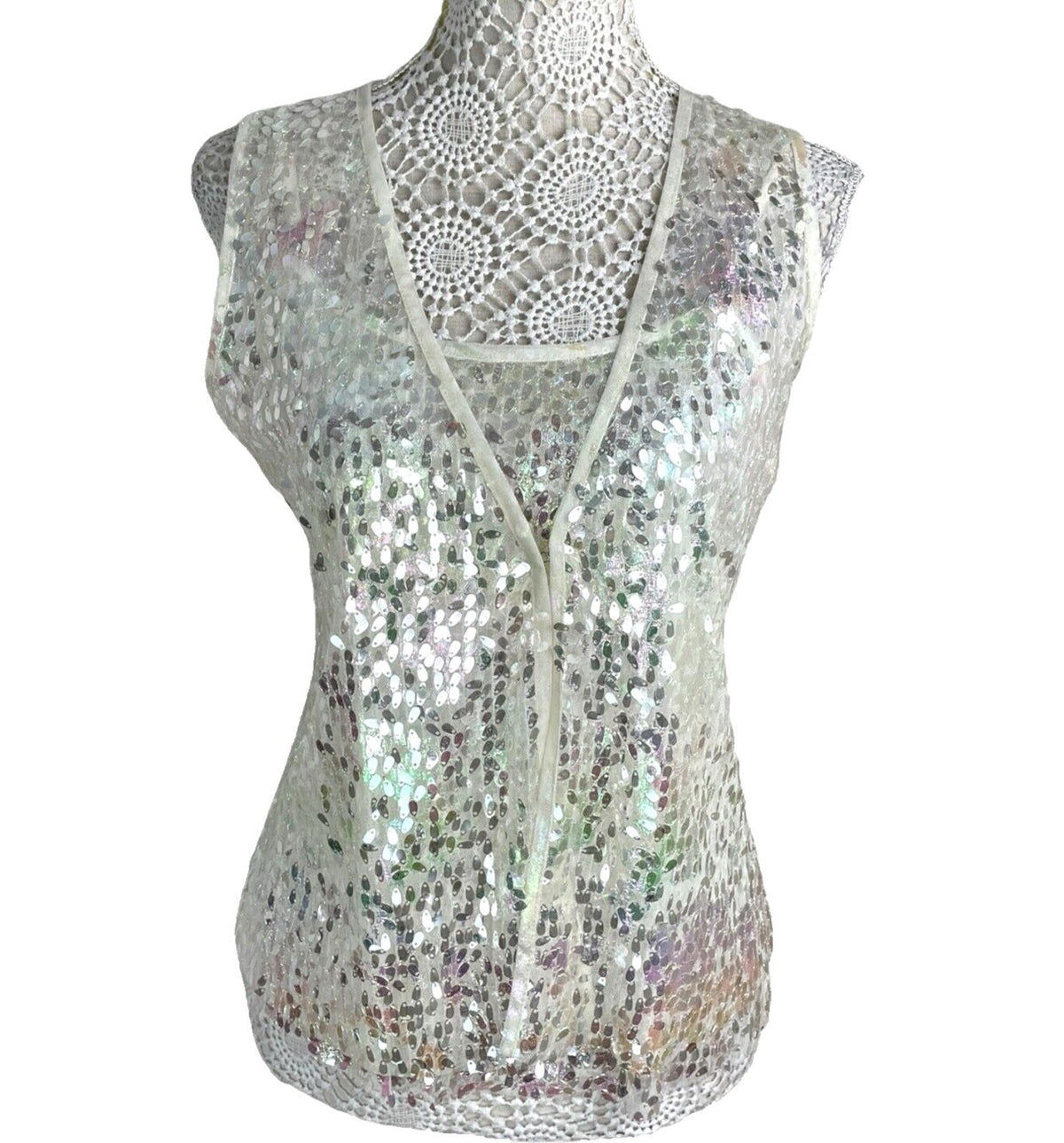 White Sequin Crop Top & Waistcoat Co-Ord Women's UK Size 8 Iridescent Butterfly Detail