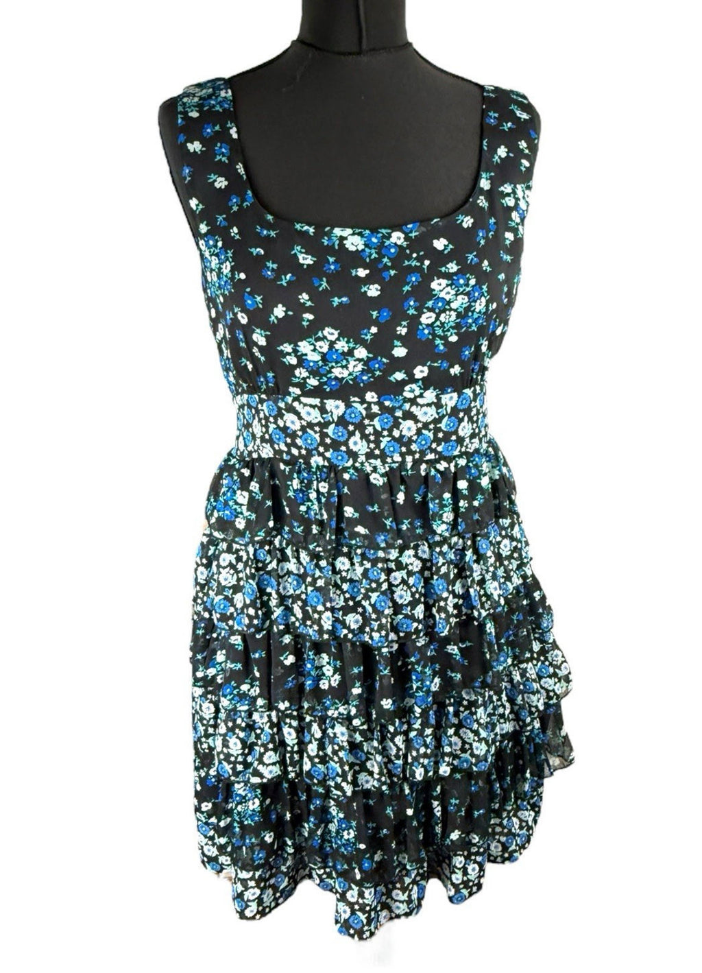 Austin Black Floral Mini Dress Ruffle Layers Tie Back Women's UK Size 18