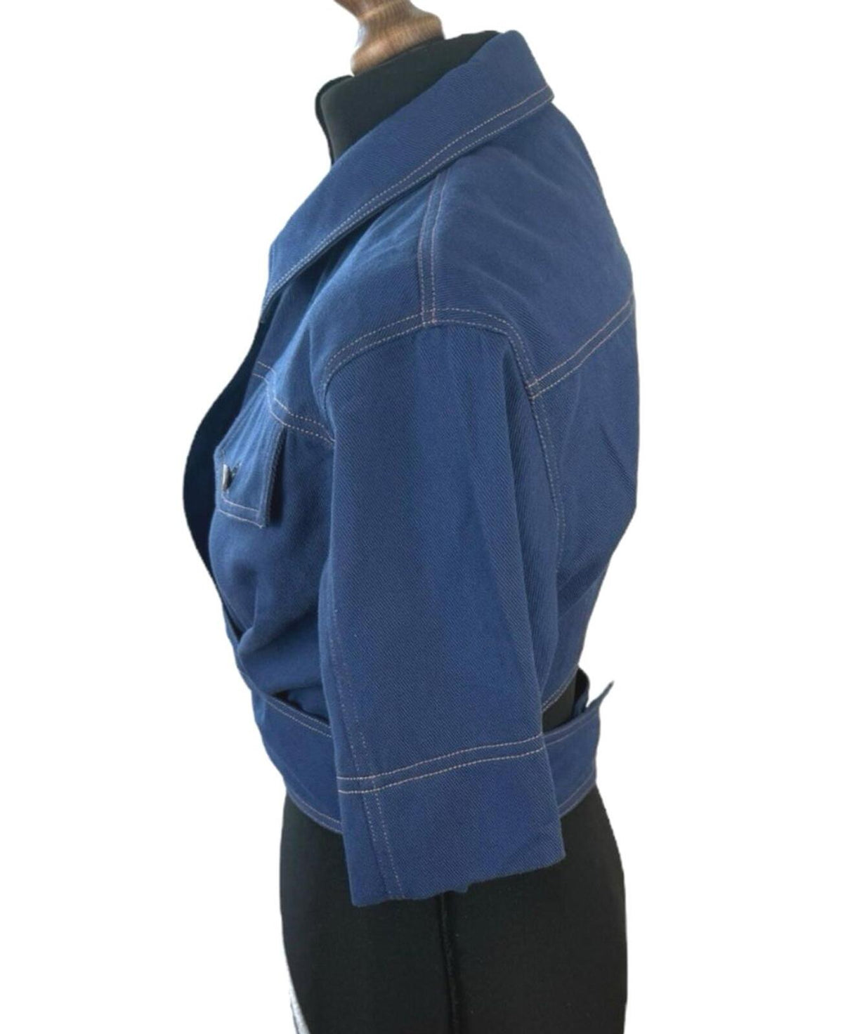 Navy Cropped Denim Shirt Women's UK Size 8 Blue Twist Cutout Detail 3/4 Sleeve Top