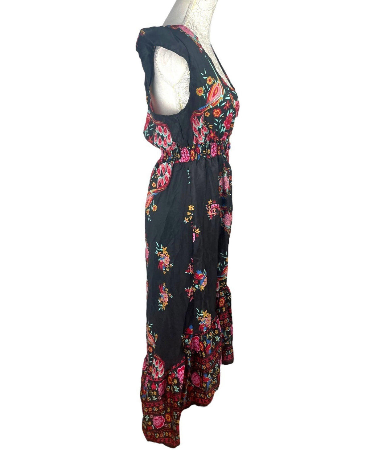 Floral & Peacock Maxi Dress Women's UK Size L Multi Length Button Down Front