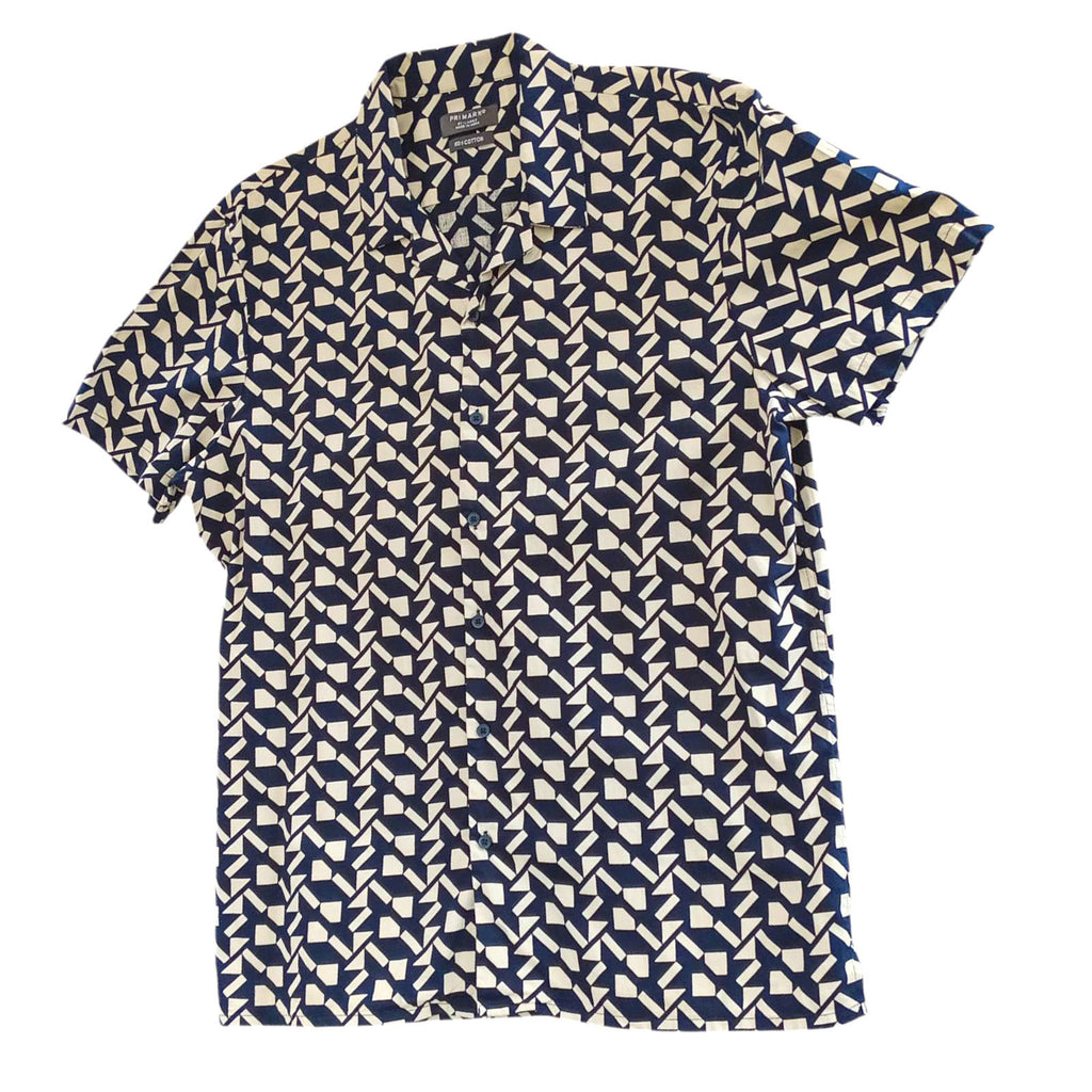Primark Shirt Short Sleeve Geometric Black White 100% Cotton Men's UK Size 2XL