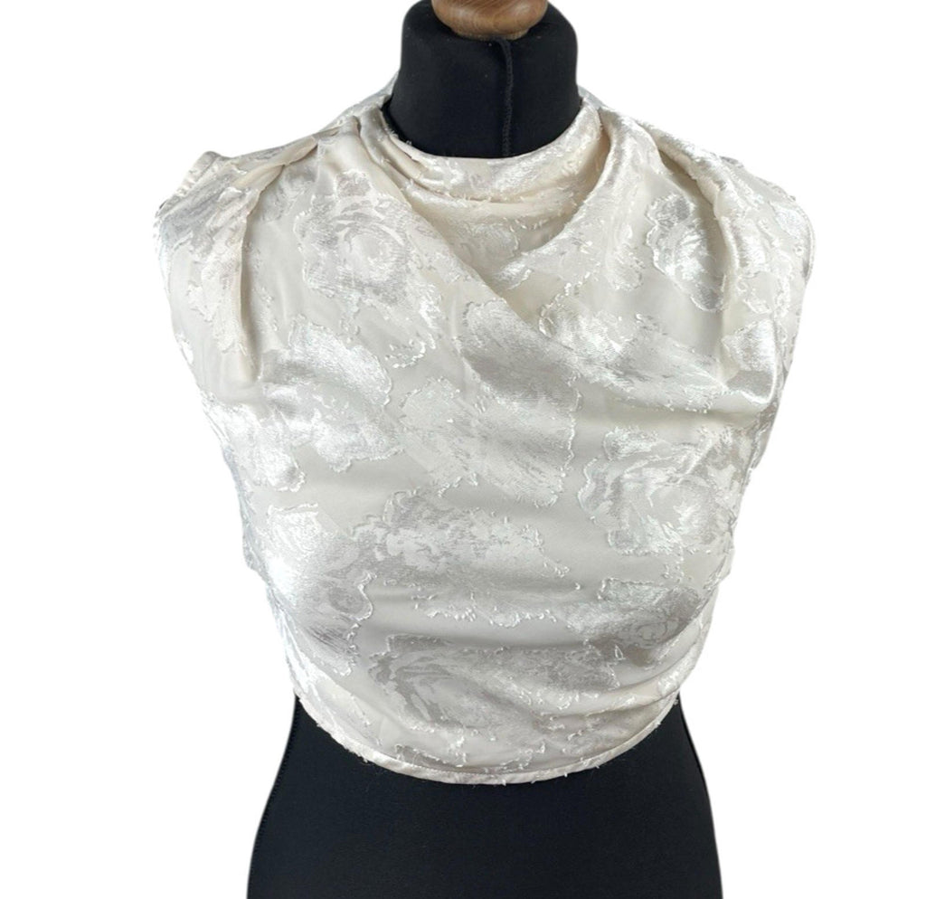 Pretty Little Thing Cream Satin Crop Top High Neck Tie Back Women's UK Size 8