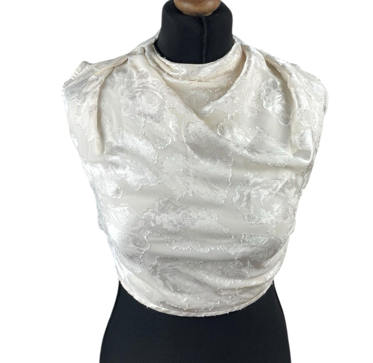 Pretty Little Thing Cream Satin Crop Top High Neck Tie Back Women's UK Size 8