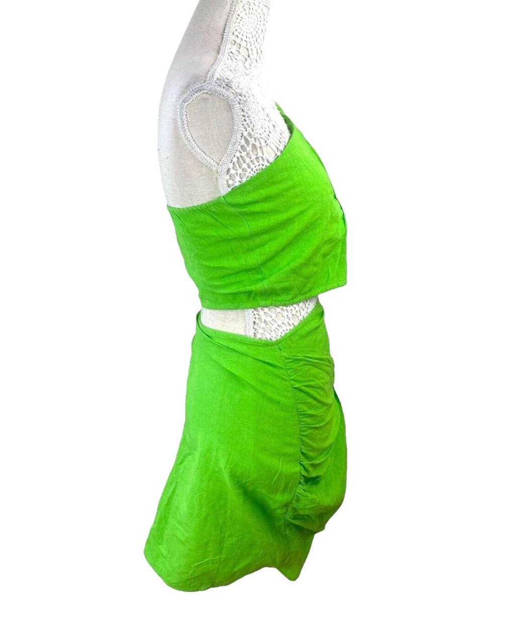 Ruched Skirt & Crop Top Set Women's UK Size 8 Bright Green Sarong One Shoulder