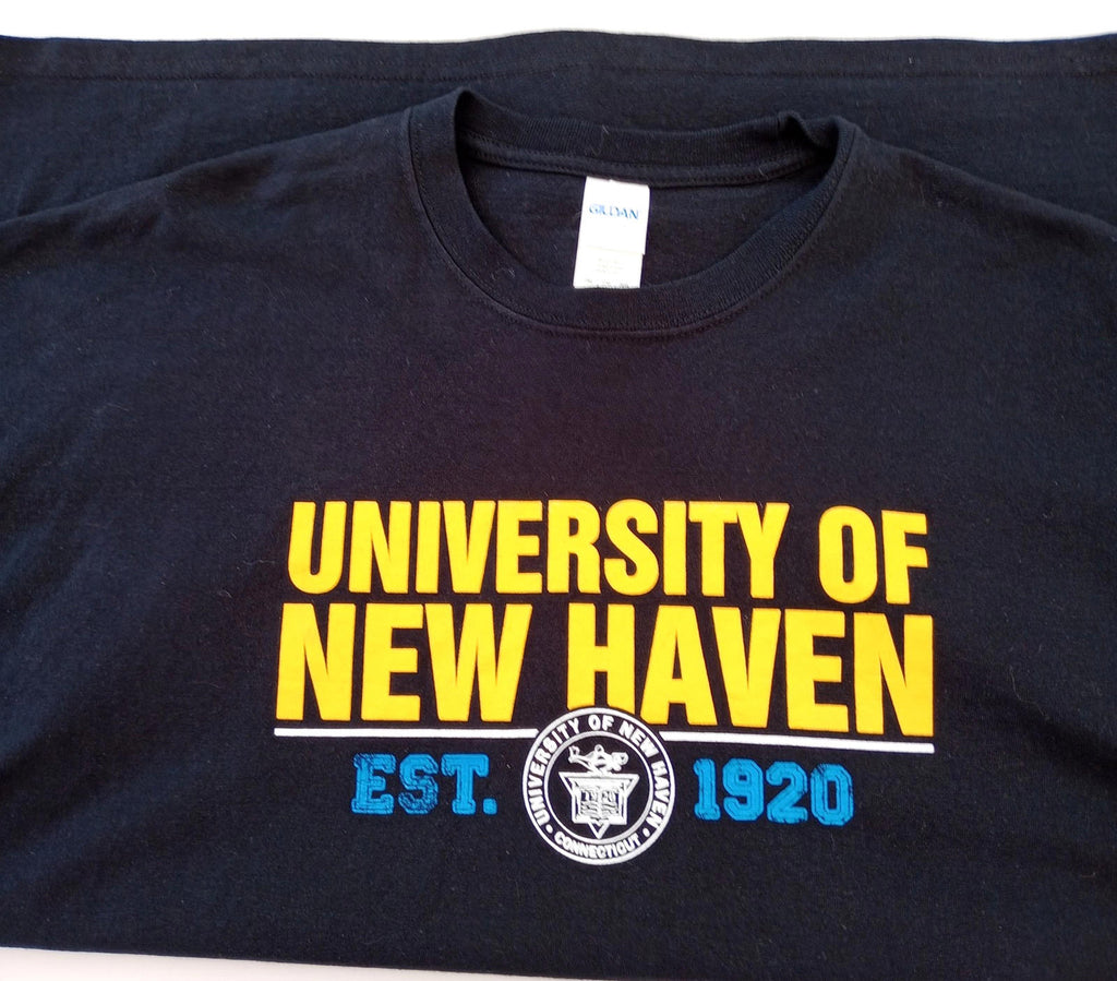 Gildan Black Graphic Print T-Shirt Men's UK Size 2XL Black Crew Neck 100% Cotton University