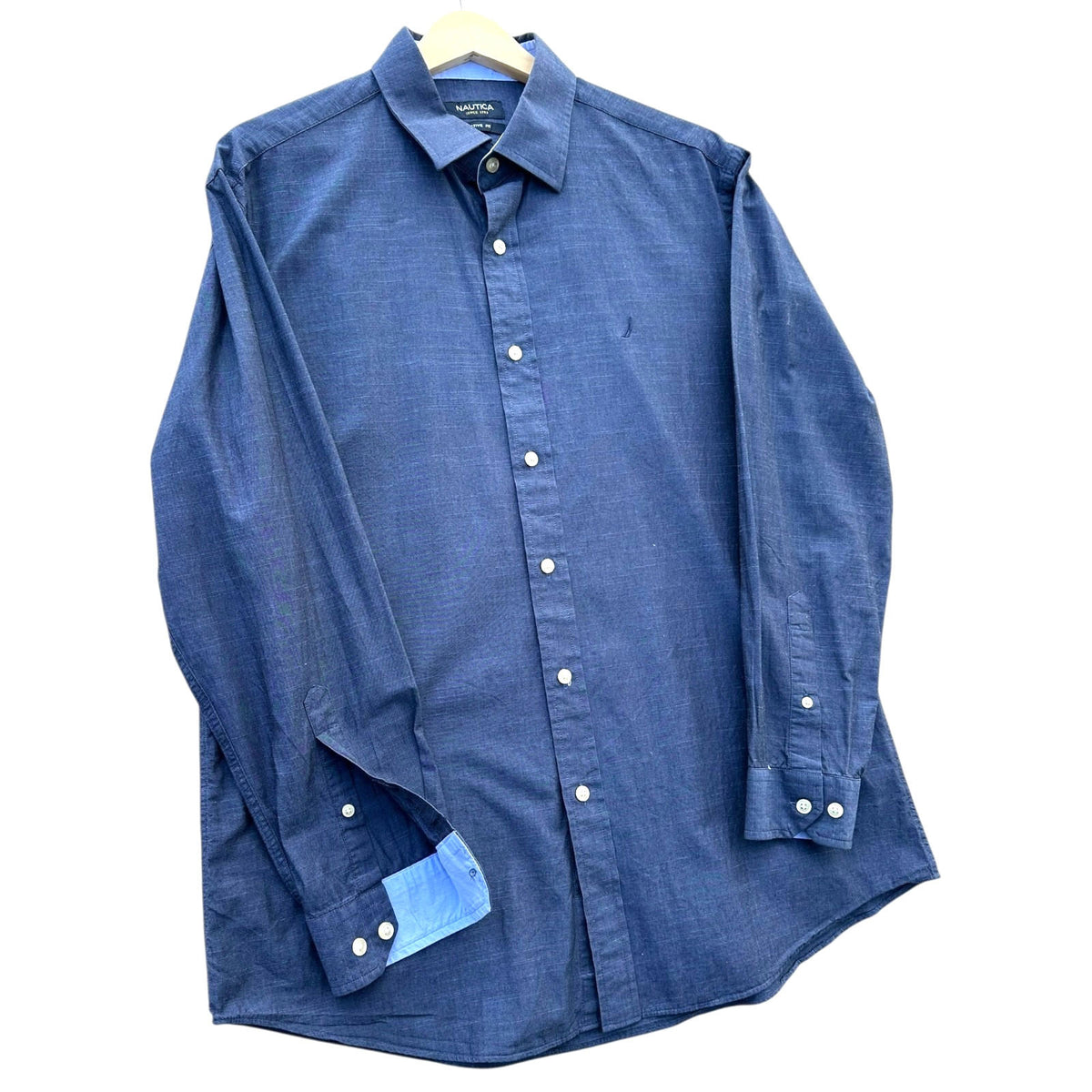 Nautica Shirt Men's UK Size L Blue Solid Long Sleeve Embroidered Logo Wing Collar