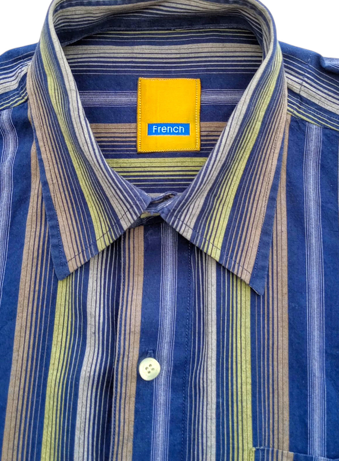 French Shirt Long Sleeve Blue Striped Pocket UK Men's Size 2XL XXL Collar 15"