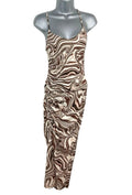Bershka Maxi Dress Brown & Cream Ruched Side Slit Women's UK Size XS