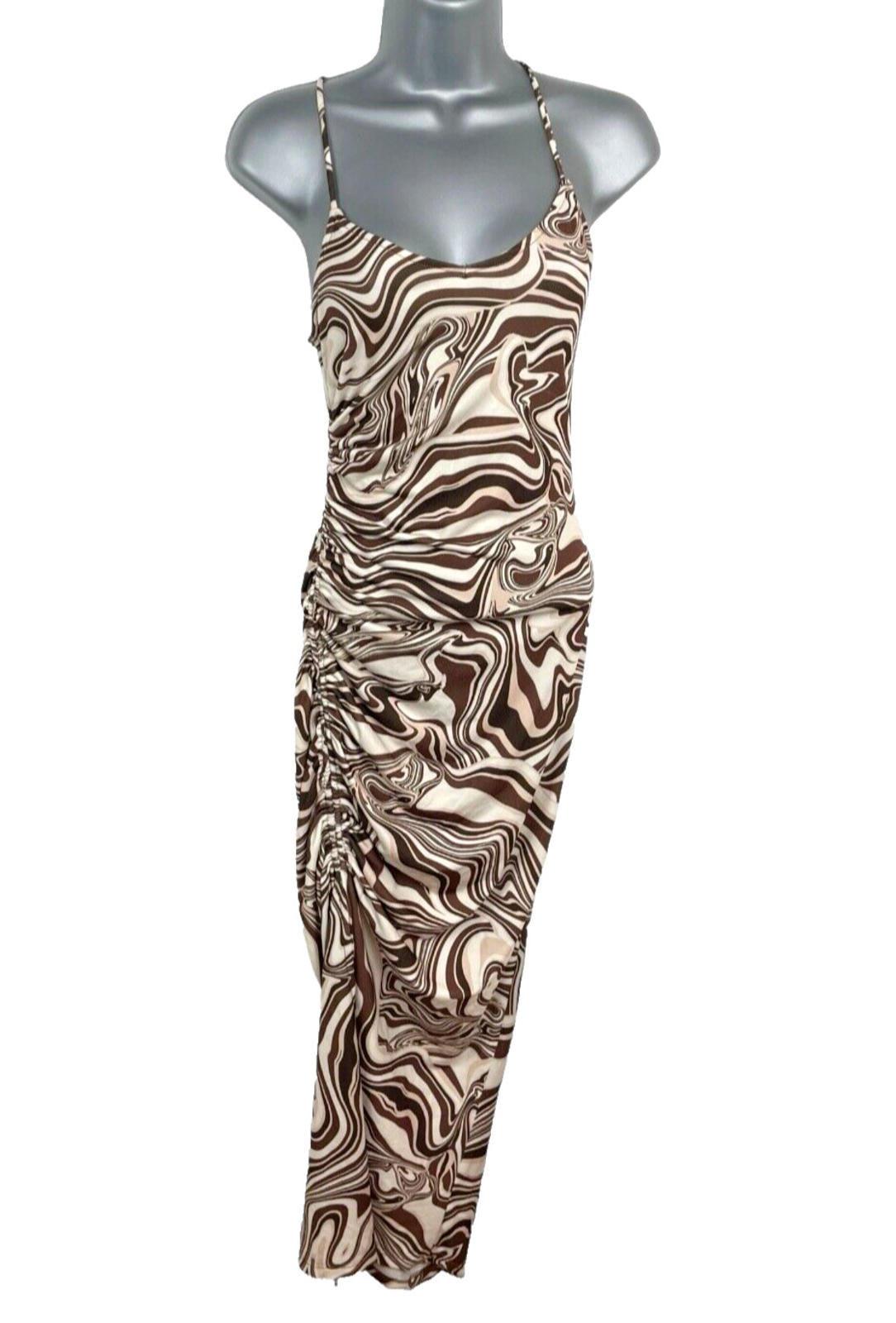 Bershka Maxi Dress Brown & Cream Ruched Side Slit Women's UK Size XS