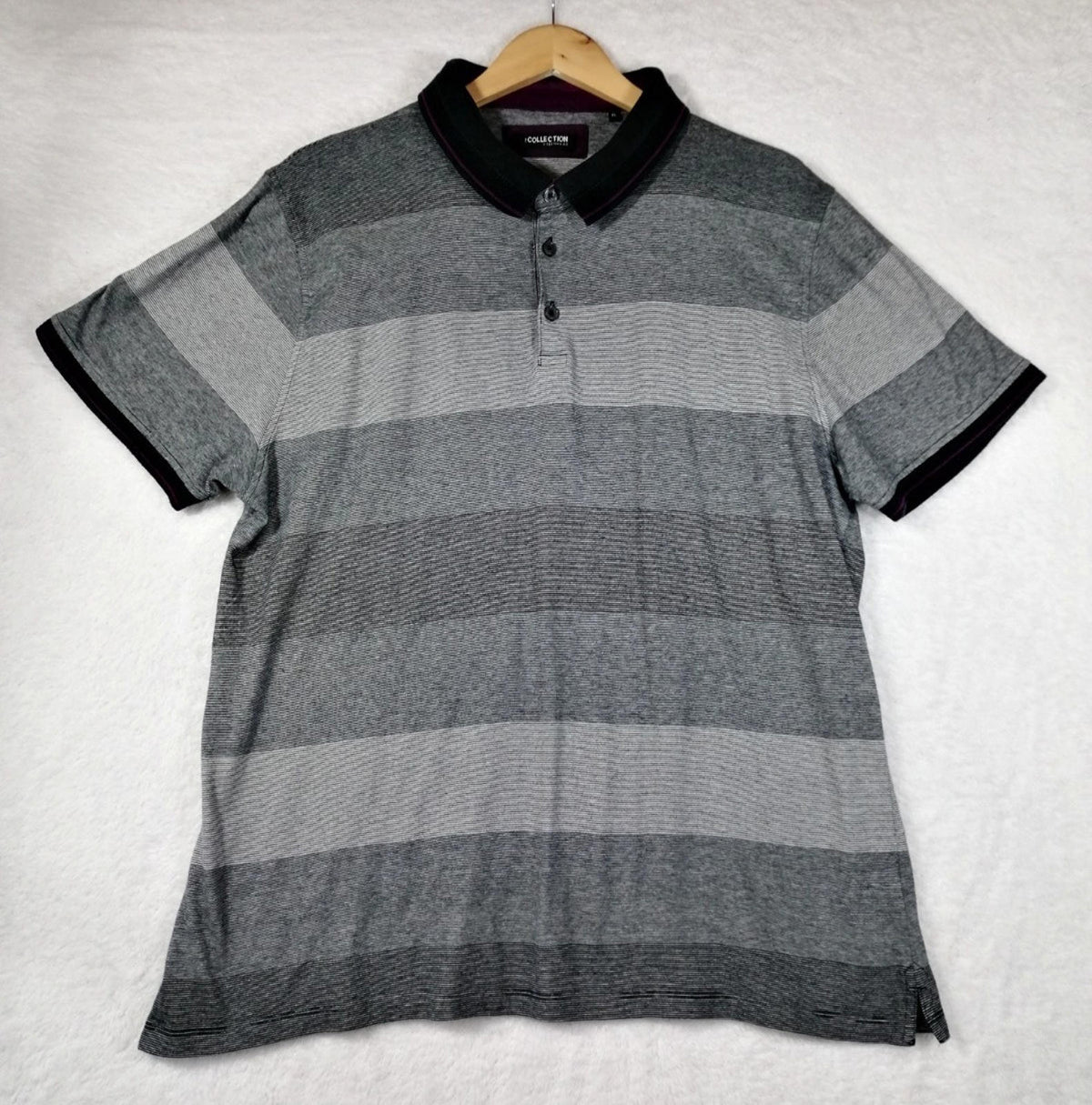 Debenhams Gray Debenhams Men's UK Size XL Grey Polo Shirt Striped Plum Black Collar Side Gusset