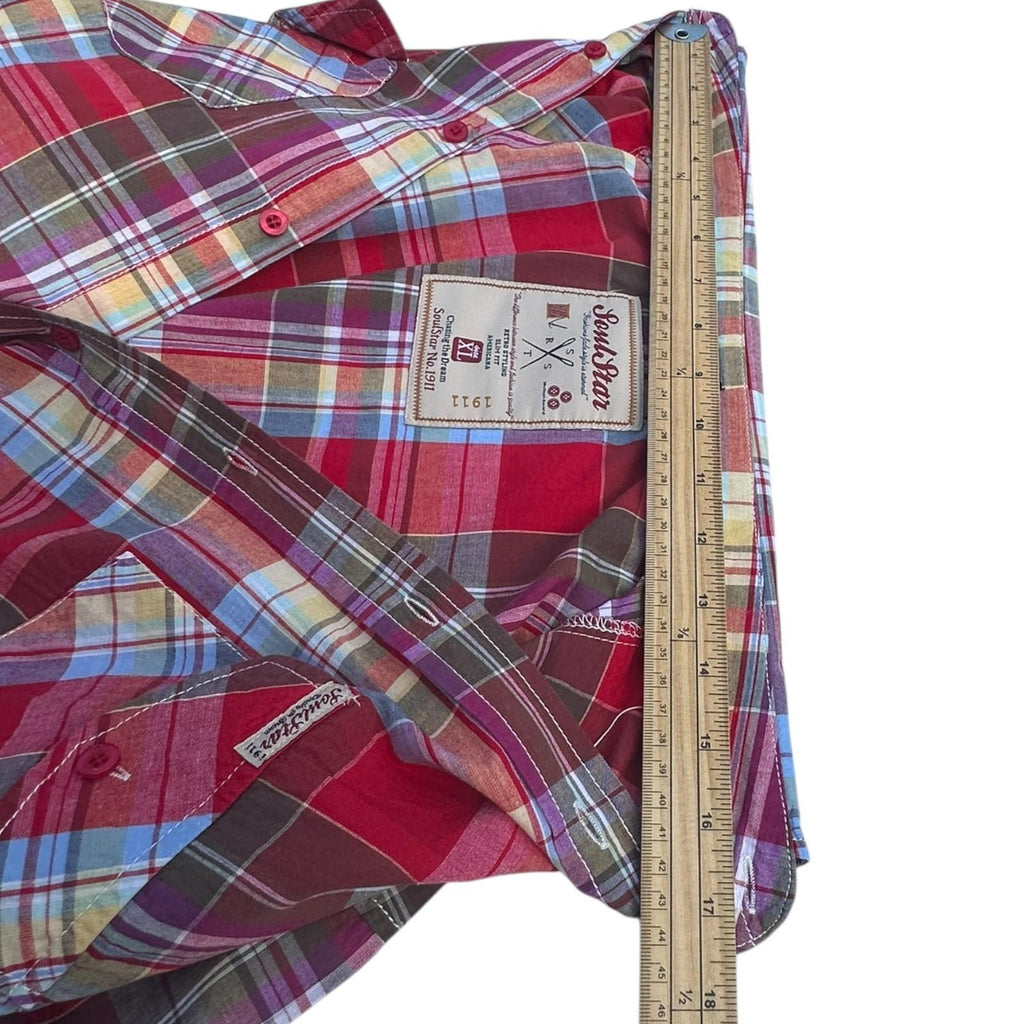 SoulStar Shirt Men's UK Size XL Red Check Embroidered Logo 100% Cotton Summer