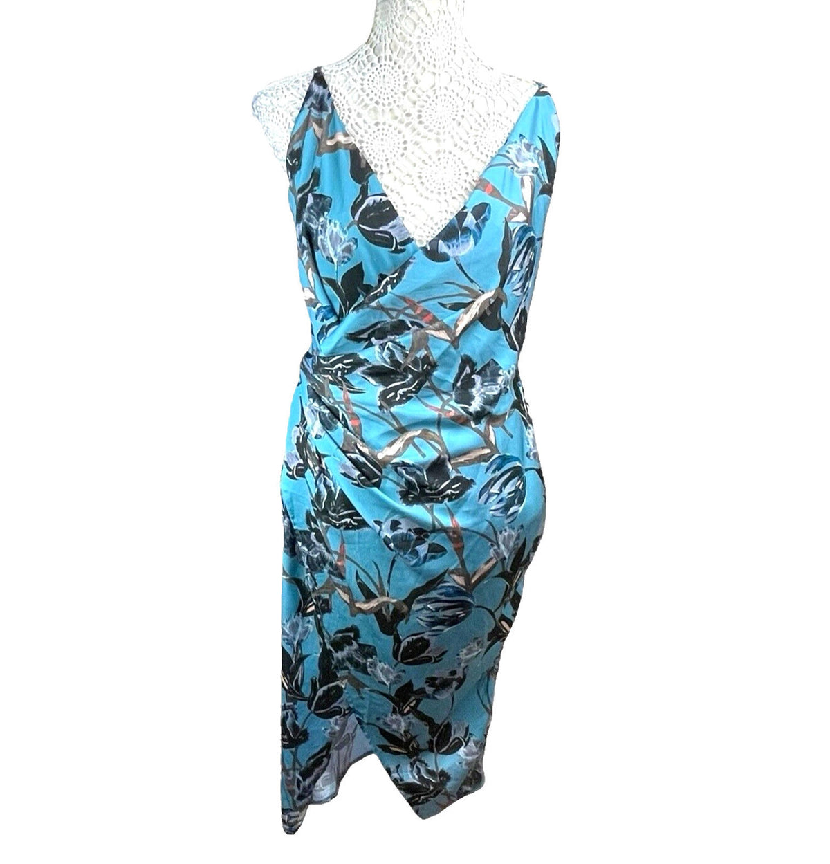 ASOS Blue Floral Midi Dress Silk Effect Women's UK Size 12
