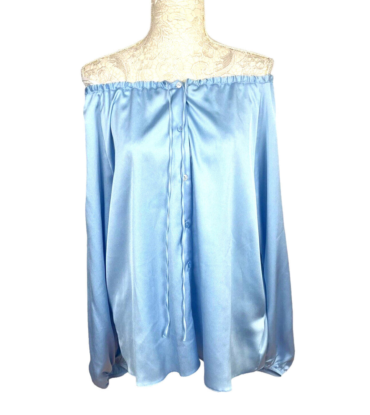 Primark LightBlue Primark Satin Look Off-The-Shoulder Blouse Women's UK Size 14 Blue Long Sleeve