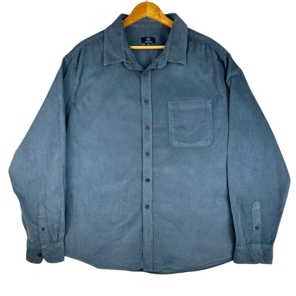 George Shirt Men's UK Size 2XL Blue Corduroy Long Sleeve Wing Collar 100% Cotton