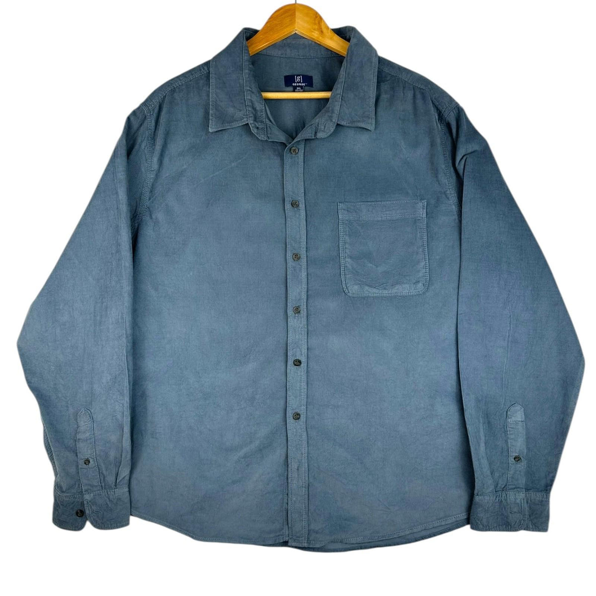 George Shirt Men's UK Size 2XL Blue Corduroy Long Sleeve Wing Collar 100% Cotton