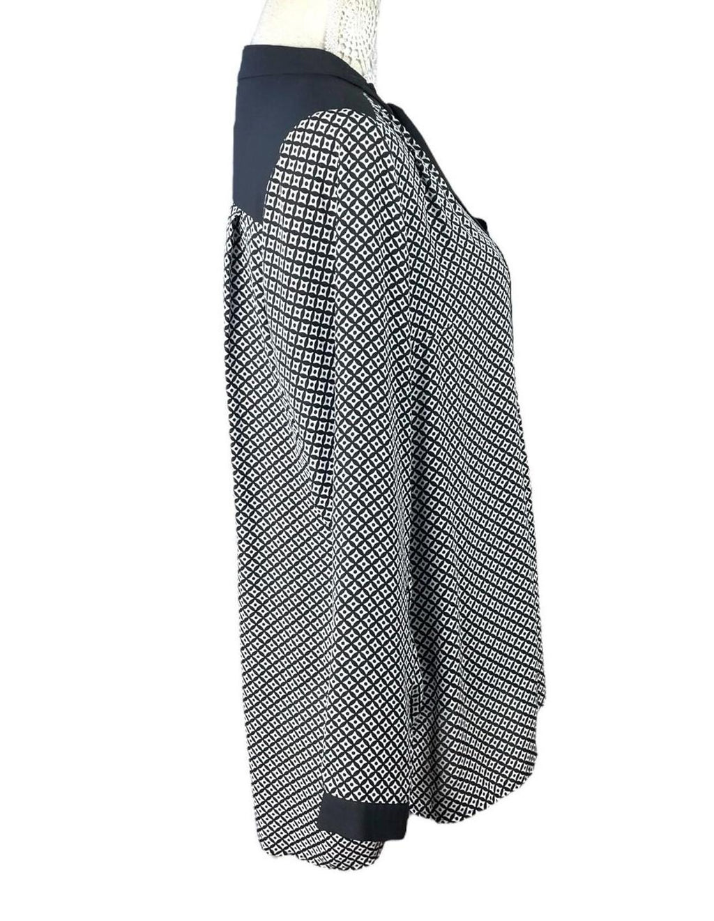 Marks & Spencer Black Marks & Spencer Long Sleeve Blouse Women's UK Size 14 Tie Neck Geometric Print